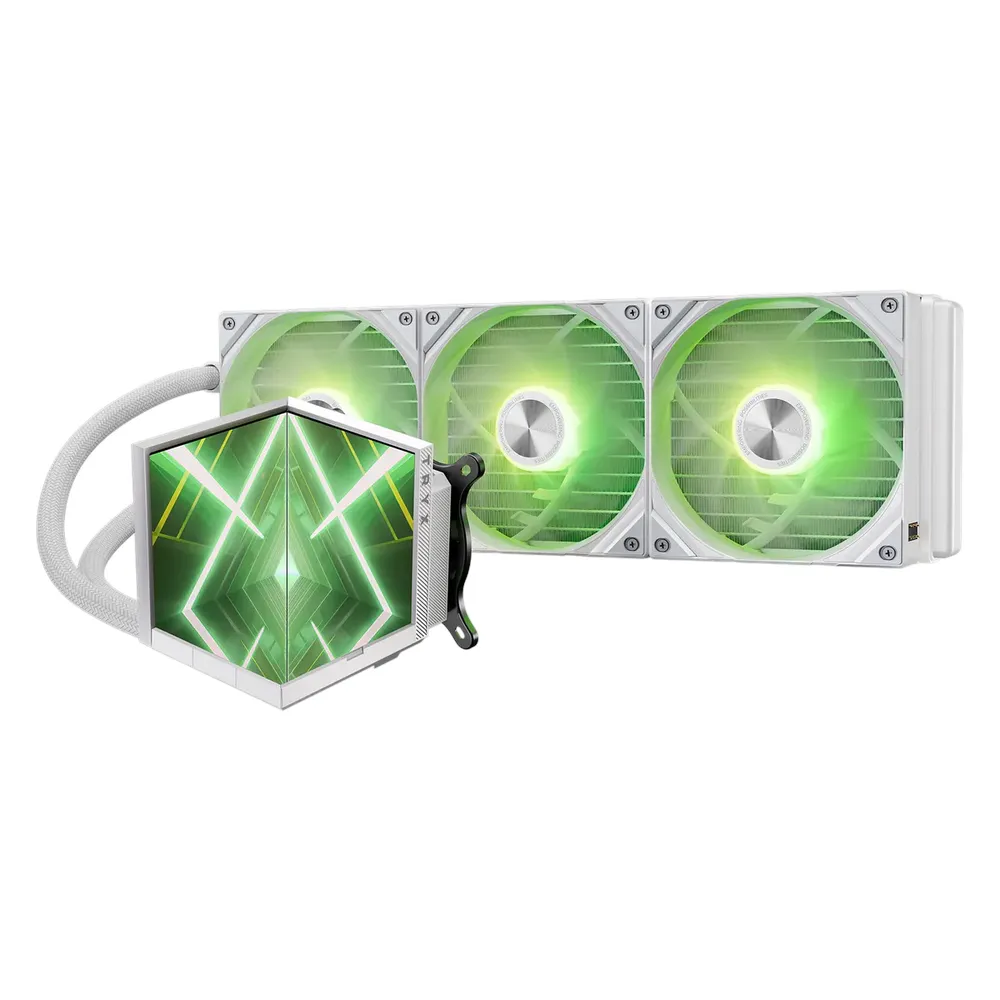 Tryx Stage 360 ARGB CPU Liquid Cooler, Triple Fan 360mm Radiator, Dual 4" Customizable LCD Displays, Asetek 7th Gen V2, White, 1 Year Warranty