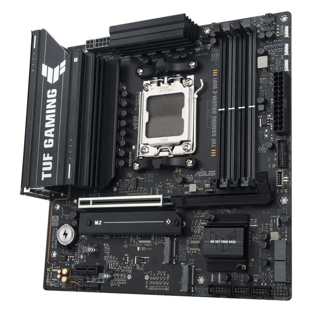 Asus TUF Gaming B850M-E WiFi Motherboard, AM5 Socket, mATX Form Factor, DDR5 Ram, PCIe 5.0 With SafeSlot Core+, Wi-Fi 6E, Bluetooth v5.4, HDMI, DisplayPort, Realtek 2.5Gb Ethernet With Asus LANGuard, Aura Sync, 1 Year Warranty