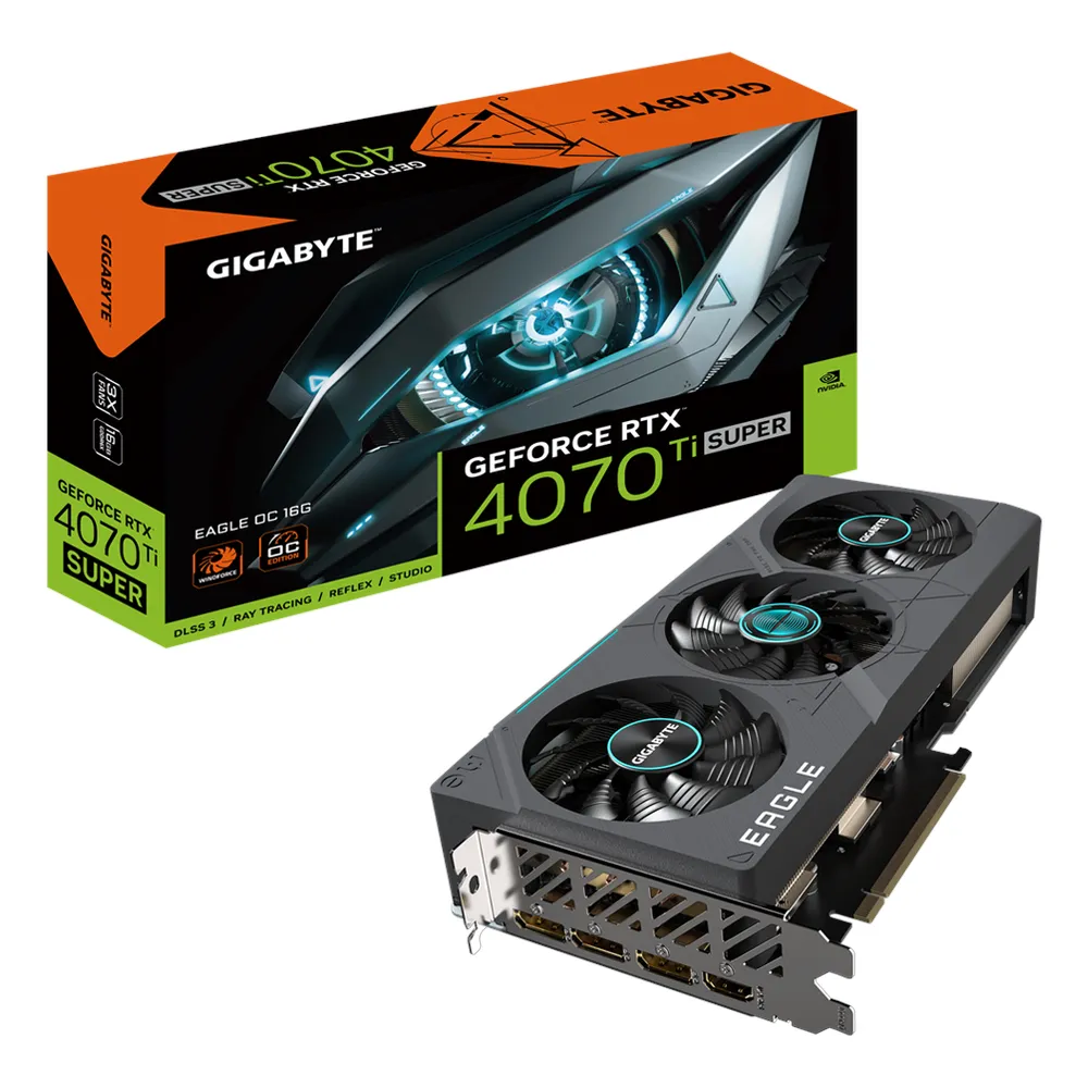 Gigabyte EAGLE OC GeForce RTX 4070 Ti Super Graphics Card, GDDR6X 16GB 256-bit Memory, HDMI 2.1a & DP 1.4a Outputs, PCI Express 4.0, 2640 MHz Core Clock, 21 Gbps Memory Clock, RGB Fusion, Dual BIOS, Triple Fan Windforce Cooling System, 1 Year Warranty
