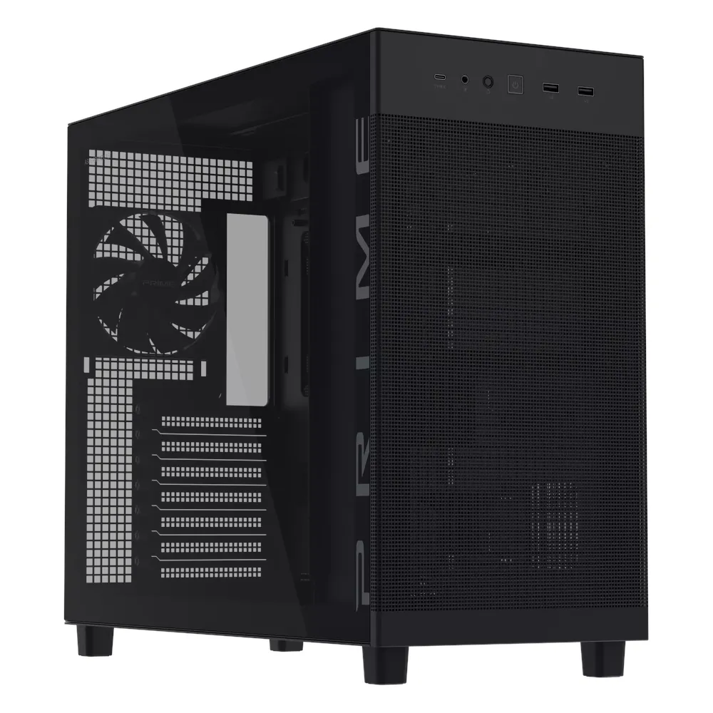 ASUS Prime AP303 Tempered Glass ATX Mid-Tower Case, Compact 44L Design, Structural GPU Bracket for RTX 50 Series, Supports up to 360mm Radiators & 360mm GPUs, 20Gbps USB Type-C, Black, 1 Year Warranty
