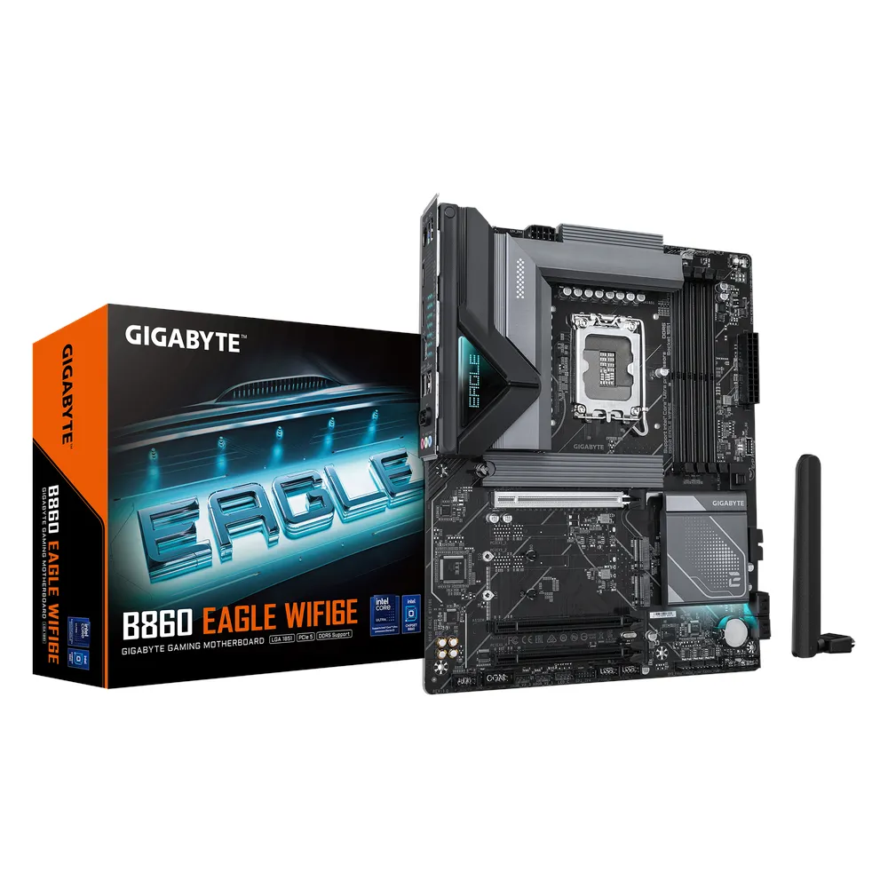 Gigabyte B860 EAGLE WIFI Motherboard, LGA1851 Socket, ATX Form Factor, DDR5 Ram, PCIe 5.0, Wi-Fi 6E, Bluetooth v5.3, HDMI, DisplayPort, USB Type-C 20Gbps, Realtek 2.5Gb Ethernet, 1 Year Warranty