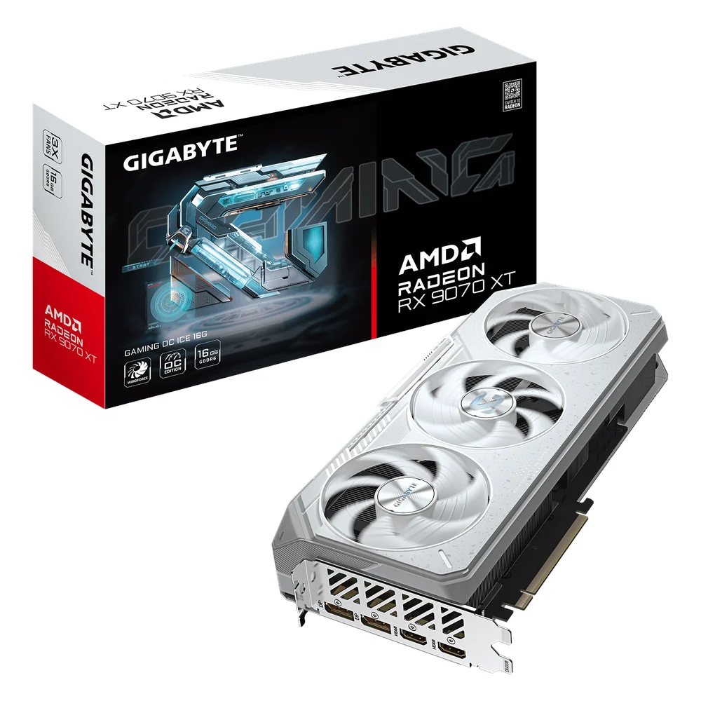 Gigabyte Radeon RX 9070 XT Gaming OC Ice Graphics Card, GDDR6 16GB 256-bit Memory, DisplayPort, HDMI Outputs, PCI Express 5.0, WINDFORCE Cooling System, White, 1 Year Warranty