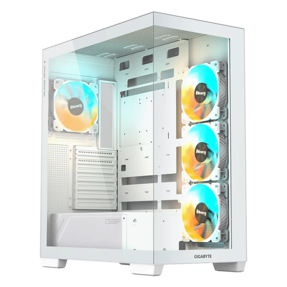Gigabyte Panoramic Stealth C500PI ATX Mid Tower PC Casing, Tempered Glass Side & Front Panels, 4 x Pre-installed ARGB Fans, Removable Dust Filters, 410mm GPU Support, USB 3.2 Gen 2, White, 1 Year Warranty