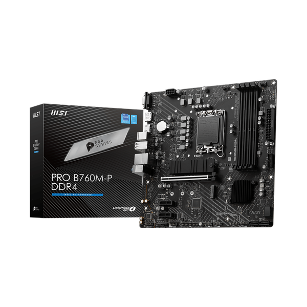 Msi PRO B760M-P Motherboard, LGA 1700 Socket, mATX Form Factor, DDR4 Ram, PCIe 4.0, USB 10 GBps, HDMI 1.4, DisplayPort 1.4, VGA, Realtek RTL8111H Gigabit LAN, PCI-E Steel Armor, 1 Year Warranty