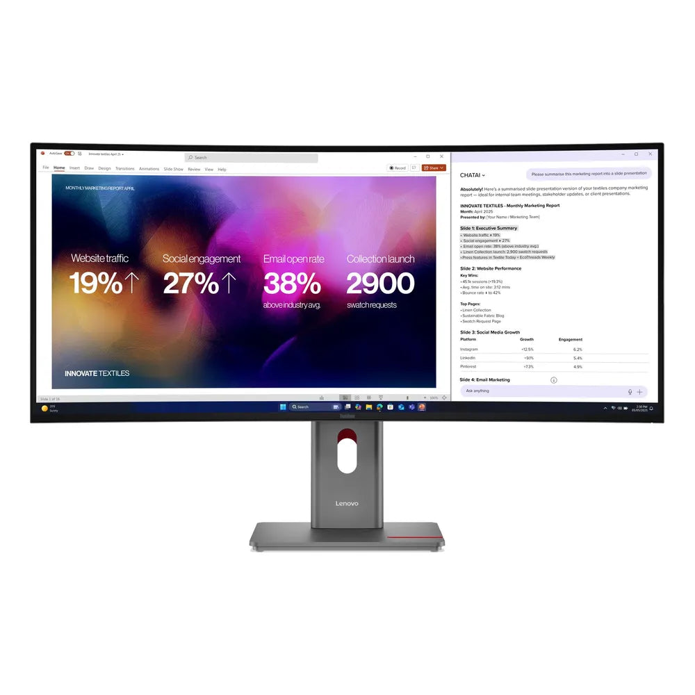 Lenovo ThinkVision P40WD-40 39.7" WUHD Curved Monitor, IPS Panel, 5120 x 2160 Resolution, 120Hz Refresh Rate, Thunderbolt 4 & HDMI 2.1, 140W Power Delivery, Integrated Speakers, Tilt Adjustable Stand, Black, 3 Year Warranty