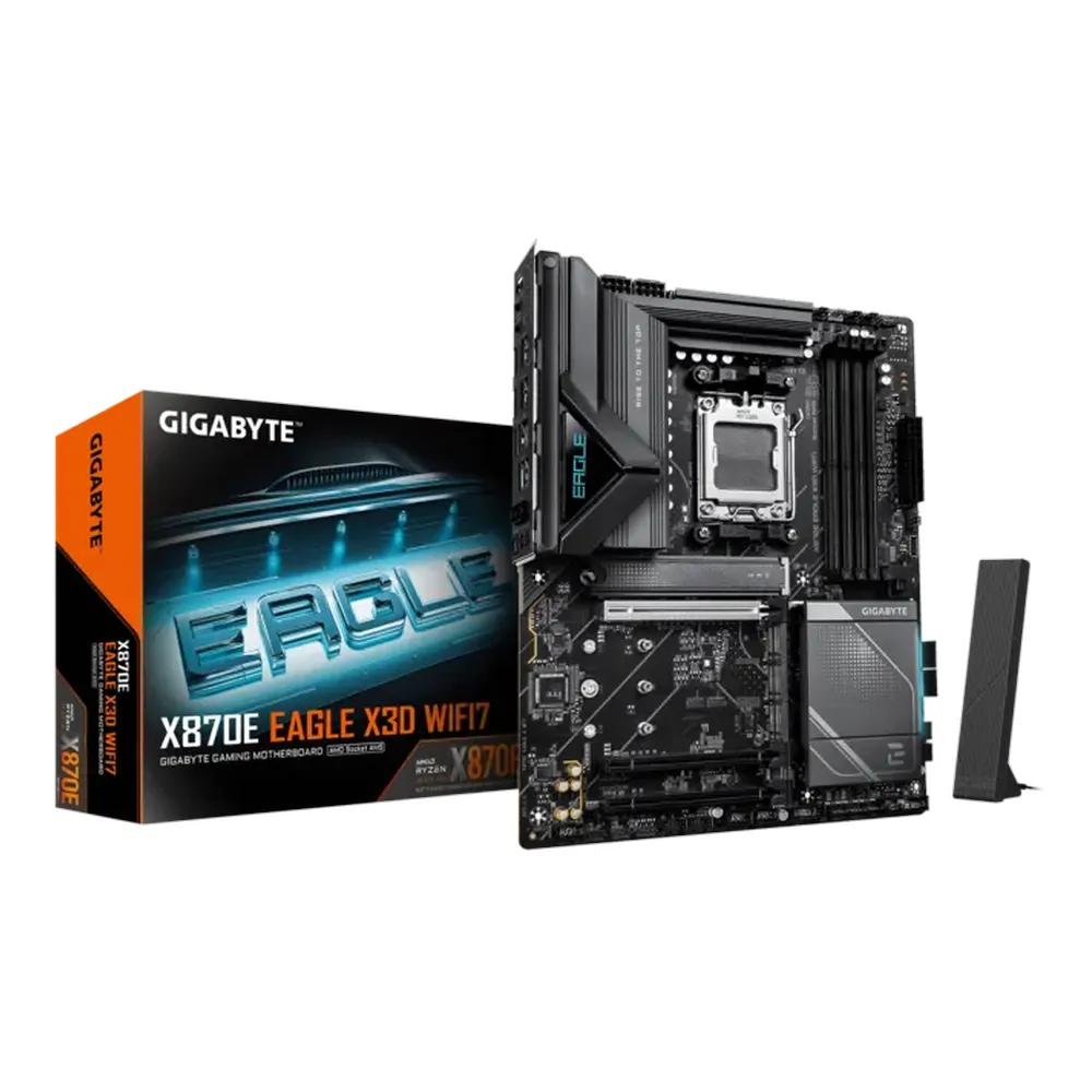 Gigabyte X870E EAGLE X3D WIFI7 Gaming Motherboard, AM5 Socket, ATX Form Factor, DDR5 Ram, PCIe 5.0, Wi-Fi 7, Bluetooth v5.4, USB4 Type-C, HDMI, Realtek 5Gb Ethernet, RGB Fusion, 1 Year Warranty