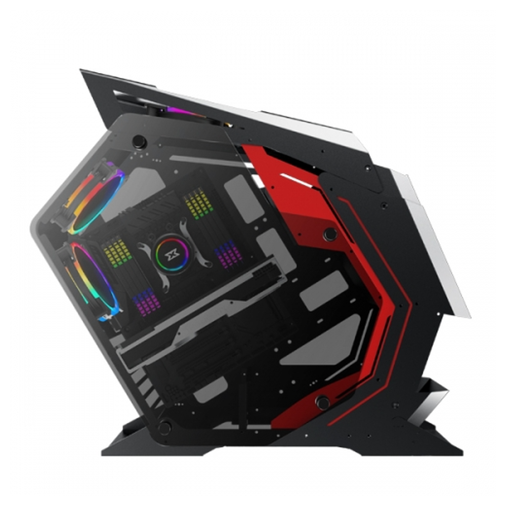 XIGMATEK Perseus ATX PC Case, Front & Left & Right Tempered Glass, 5 x CY120 Fans w Control Box & Remote, 400mm GPU Support, USB 3.0, Black & Red, 1 Year Warranty