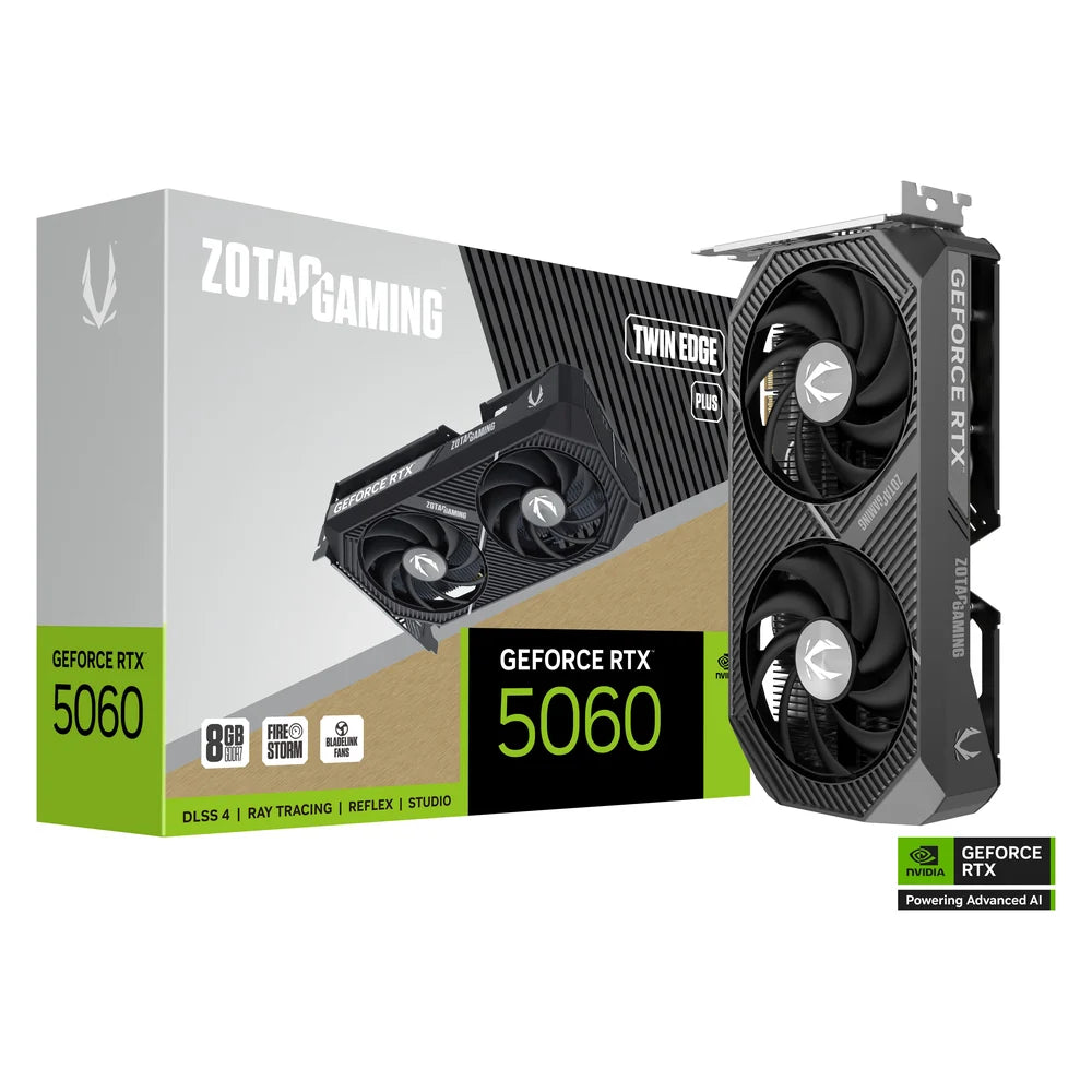 Zotac Gaming GeForce RTX 5060 Twin Edge Plus Graphics Card, GDDR7 8GB 128-bit Memory, HDMI & DP Outputs, PCI Express 5.0, 2497 MHz Engine Clock, 28 Gbps Memory Clock, 1 Year Warranty