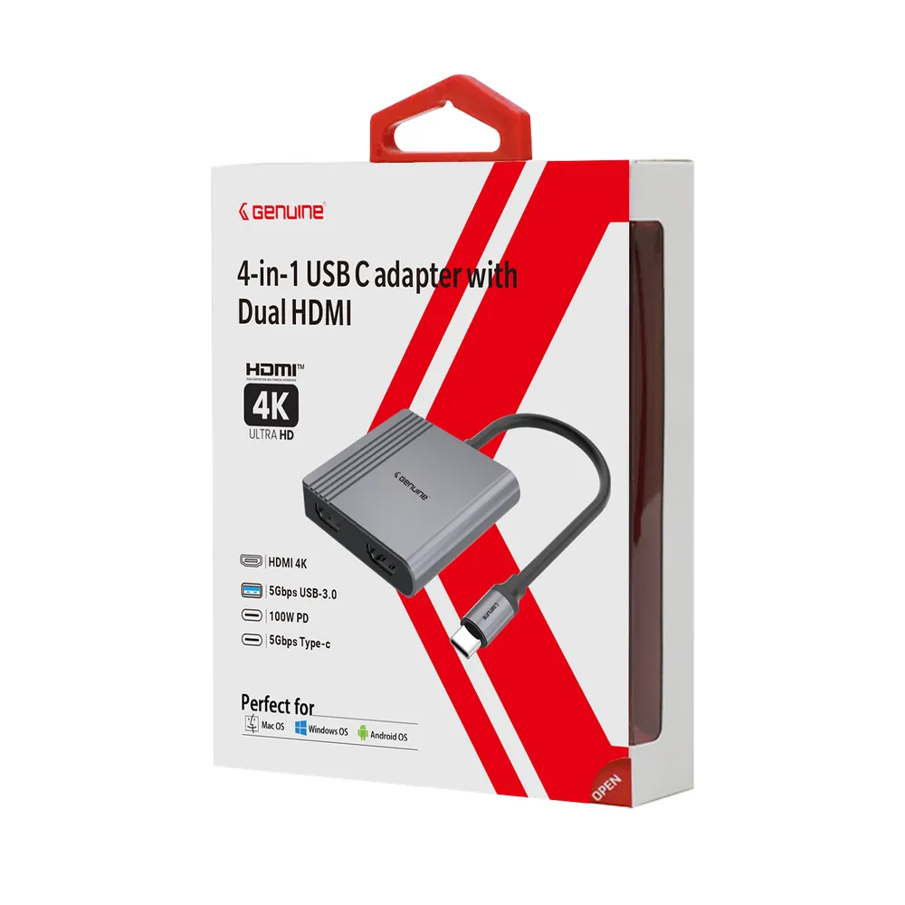 Genuine 4-in 1 Type C to USB-A 3.0 + HDMI + PD Adapter, 180mm Cable Length, Input Type-C 3.1 Male, Fast charging up to 100W, Grey/Customized, 1 Year Warranty