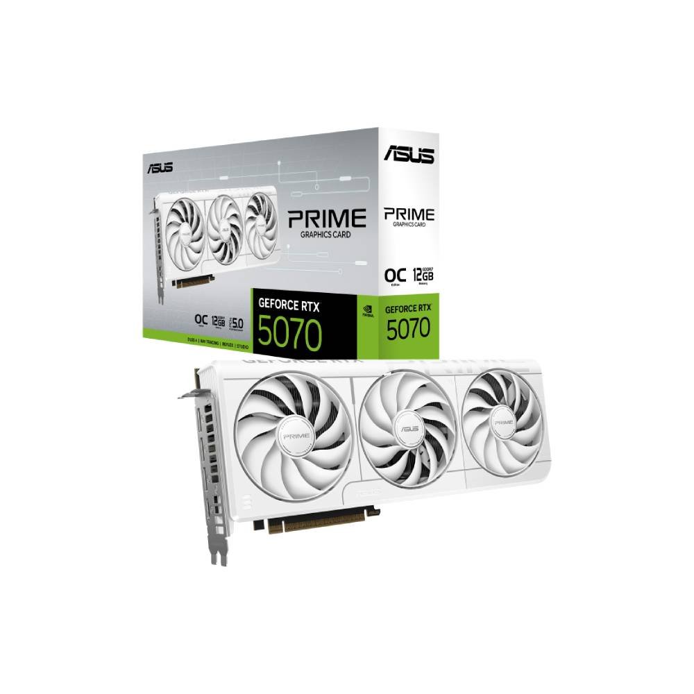Asus PRIME GeForce RTX 5070 OC Edition Graphics Card, GDDR7 12 GB 192-bit Memory, HDMI 2.1b & DP 2.1b Outputs, PCI Express 5.0, 2587 MHz Core Clock, 28  GBps Memory Clock, SFF Compatible, White, 1 Year Warranty
