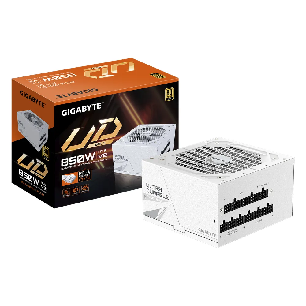 Gigabyte UD850GM PG5 V2 ICE 80 Plus Gold Power Supply, 850W, Fully Modular, ATX, Intel ATX 3.0 Certified, White, 1 Year Warranty