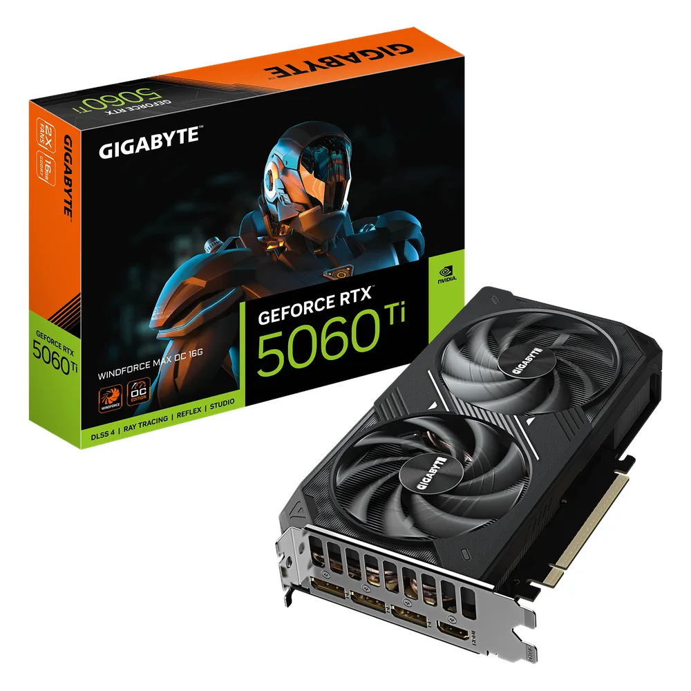 Gigabyte GeForce RTX 5060 Ti WINDFORCE MAX OC Graphics Card, GDDR7 16GB 128-bit Memory, HDMI 2.1b & DP 2.1b Outputs, PCI Express 5.0, Dual Fan Windforce Cooling System, 772 AI TOPS, 1 Year Warranty