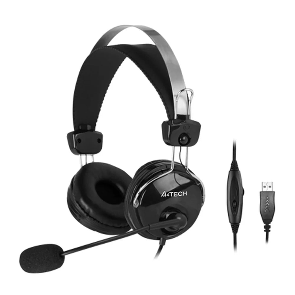 A4Tech HU-7-P Wired Headset, USB-Wired Connectivity, 40 mm Drivers, Rotatable Single-Directional Boom Microphone, In-Line Volume Control, Black, 1 Year Warranty