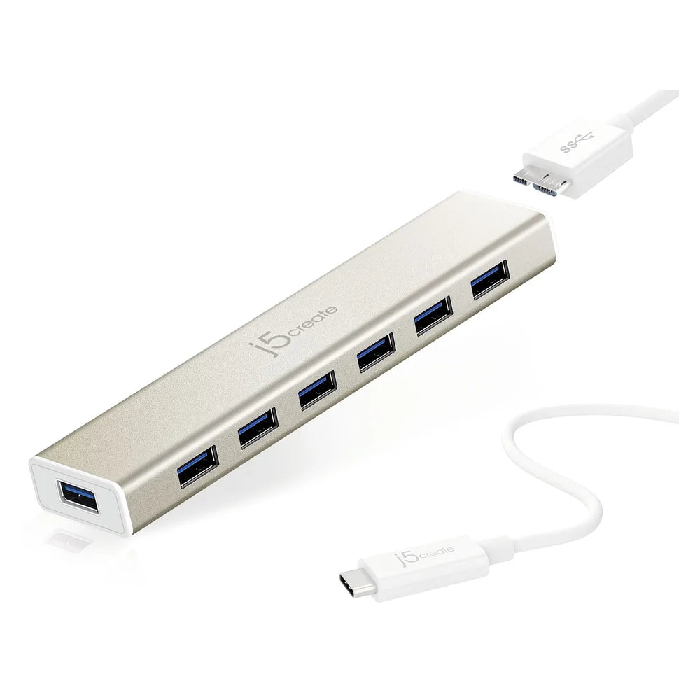 j5create 7-Port USB Type-C Hub, 5Gbps Data Transfer, External Power Adapter, Premium Aluminum Housing, Compact Design, 1 Year Warranty