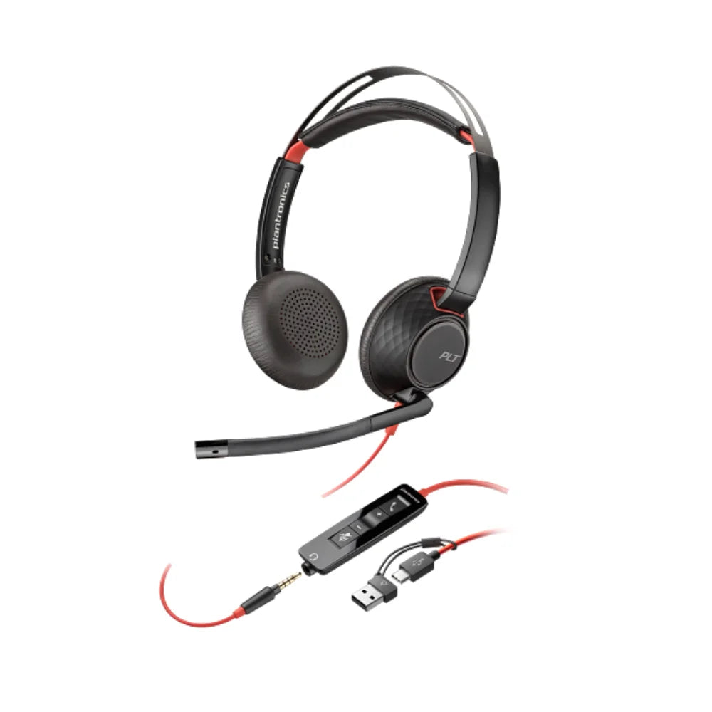 Poly Blackwire 5220 Stereo USB-C/A Headset (Bulk), 28 mm Drivers, Noice Cancelling Microphone, USB-C cord with tethered USB-A adapter/ Wired 3.5mm, Black, 1 Year Warranty
