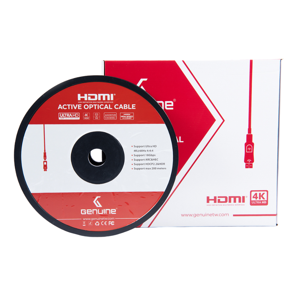 Genuine HDMI to HDMI Fiber Optic Cable, 200M Length, 4K @ 60Hz (2.0V), Zinc Alloy Case, 5.0mm OD, PVC Jacket, 1 Year Warranty