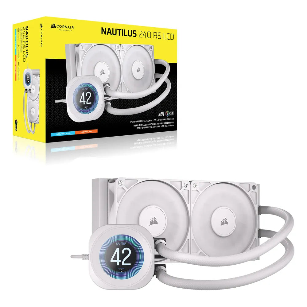Corsair Nautilus 240 RS LCD Liquid CPU Cooler, 2.1" IPS LCD Screen, 240 mm Radiator, Copper Cold Plate, Supports Intel, AMD Sockets, PWM Fans, White, 1 Year Warranty