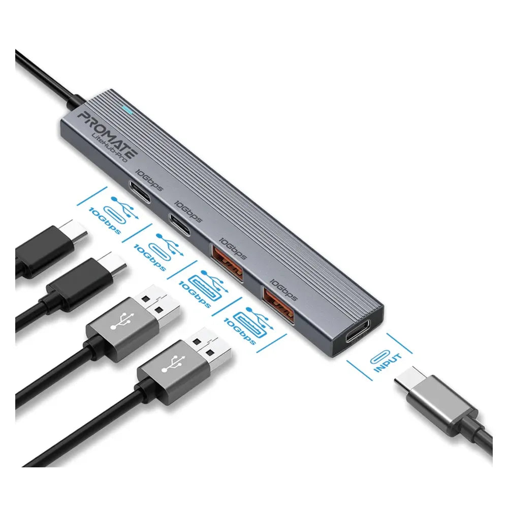 Promate LiteHub-Pro 4-in-1 USB-C Hub, 15W Power Supply, USB-C 3.2, USB-A 3.2, Sleek Ultra-Slim Design, Grey, 1 Year Warranty