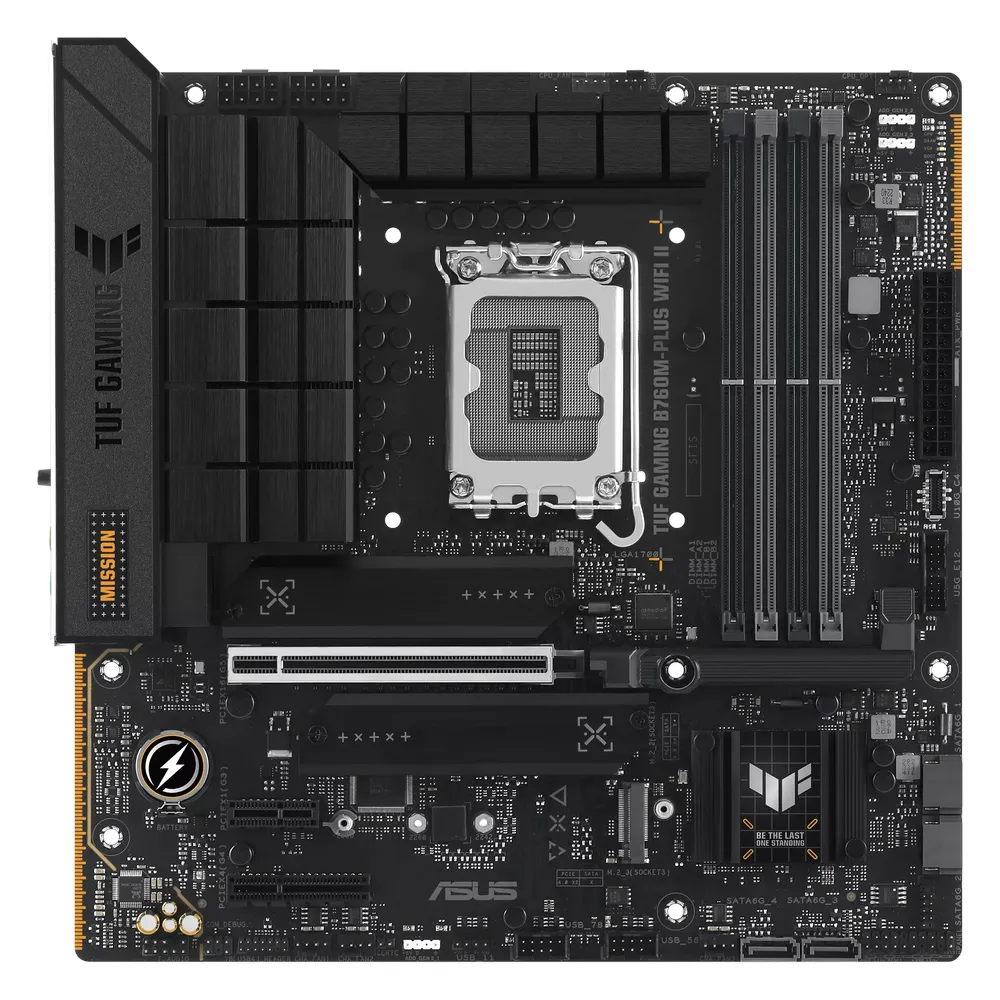 Asus TUF Gaming B760M-PLUS WIFI II Motherboard, LGA1700 Socket, mATX Form Factor, DDR5, PCIe 5.0 With SafeSlot Core+, Wi-Fi 6E, Bluetooth v5.3, HDMI, DisplayPort, Realtek 2.5Gb Ethernet, TUF LANGuard, Aura Sync, 1 Year Warranty