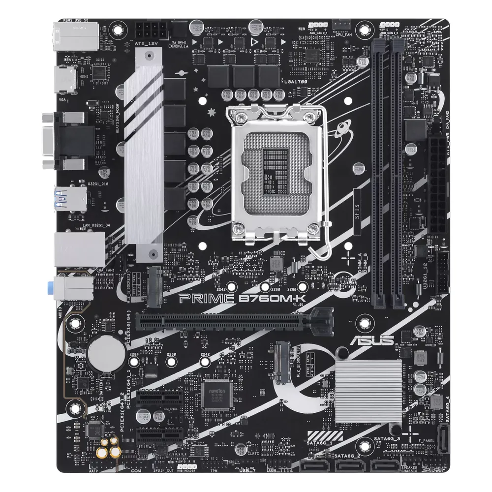 Asus PRIME B760M-K Gaming Motherboard, LGA1700 Socket, mATX Form Factor, DDR5 Ram, PCIe 4.0, USB 5Gbps, HDMI, VGA, Realtek 2.5Gb Ethernet, Aura Sync, 1 Year Warranty