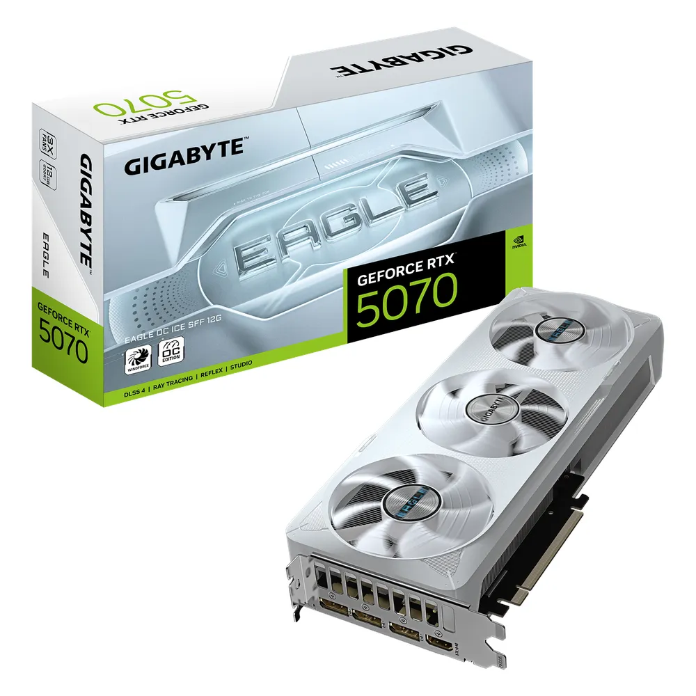 Gigabyte EAGLE OC ICE GeForce RTX 5070 Small Form Factor Graphics Card, GDDR7 12GB 192-bit Memory, HDMI 2.1b & DP 2.1b Outputs, PCI Express 5.0, 2587 MHz Core Clock, 28 Gbps Memory Clock, Triple Windforce Hawk Fans, White, 1 Year Warranty