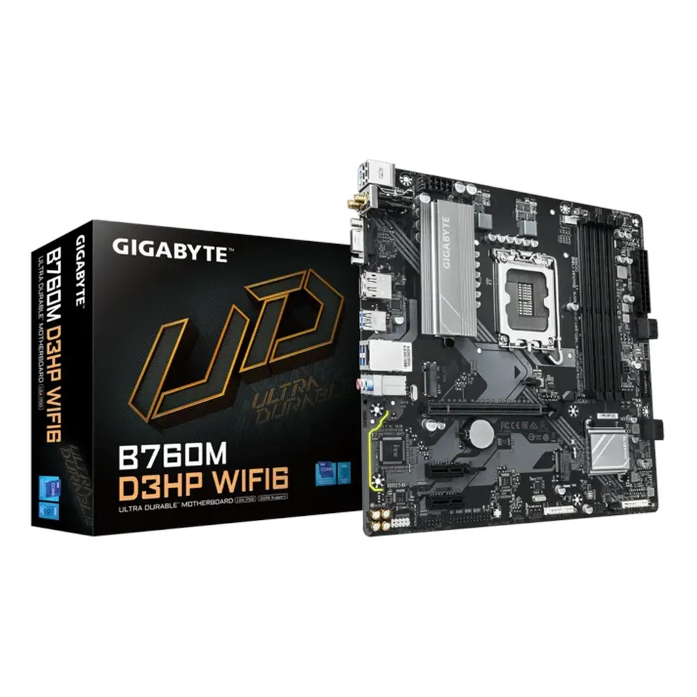 Gigabyte B760M D3HP WIFI6 Motherboard, LGA1700 Socket, mATX Form Factor, DDR5 Ram, PCIe 4.0, Wi-Fi 6, Bluetooth v5.3, HDMI, DisplayPort, D-Sub, Realtek GbE Ethernet, 1 Year Warranty