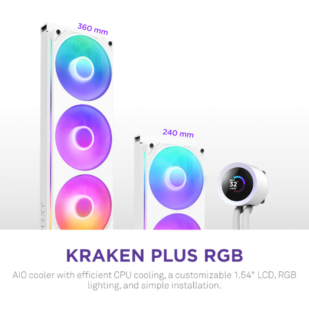 NZXT Kraken Plus 360 RGB AIO Liquid Cooler, 1.54" TFT LCD Display, Supports Intel, AMD Sockets, F360 RGB Fan Core, White, 1 Year Warranty