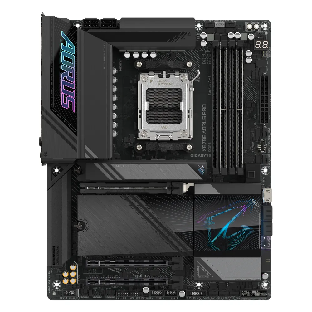 Gigabyte X870E AORUS PRO Motherboard, Socket AM5, ATX Form Factor, DDR5 Ram, PCIe 5.0, Wi-Fi 7, Bluetooth v5.4, HDMI, Dual USB4 Type-C, Realtek 2.5Gb Ethernet, 1 Year Warranty