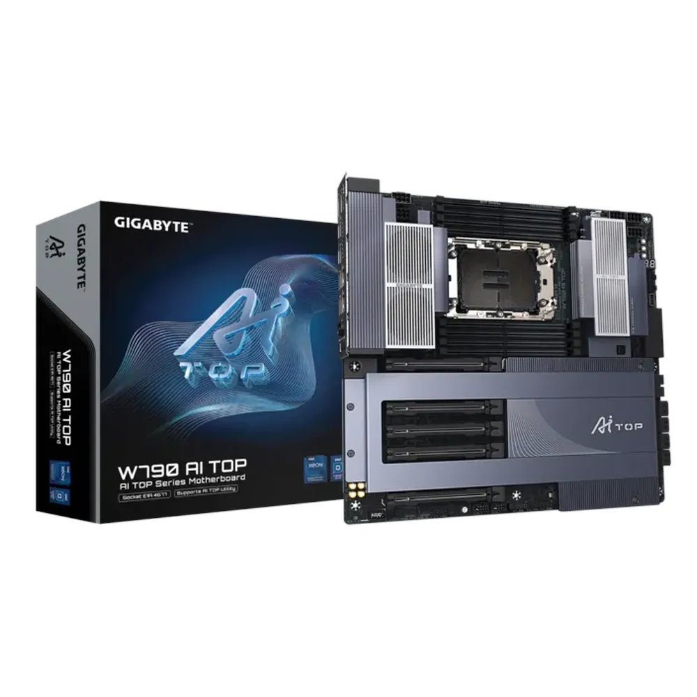 Gigabyte W790 AI TOP Workstation Motherboard, LGA4677 Socket, E-ATX Form Factor, DDR5 Ram, PCIe 5.0, Wi-Fi 7, Bluetooth v5.4, Dual Intel 10GbE Ethernet, USB4 Type-C, 6x M.2 Slots, 1 Year Warranty