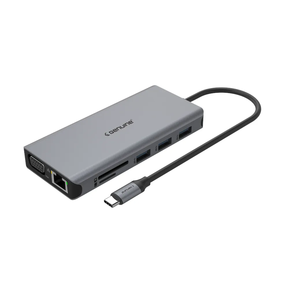 Genuine 11 in 1 Docking Station, 180mm Cable Length, Input USB Type-C 3.1, Fast Charging up to 100W, Grey/Customized, 1 Year Warranty
