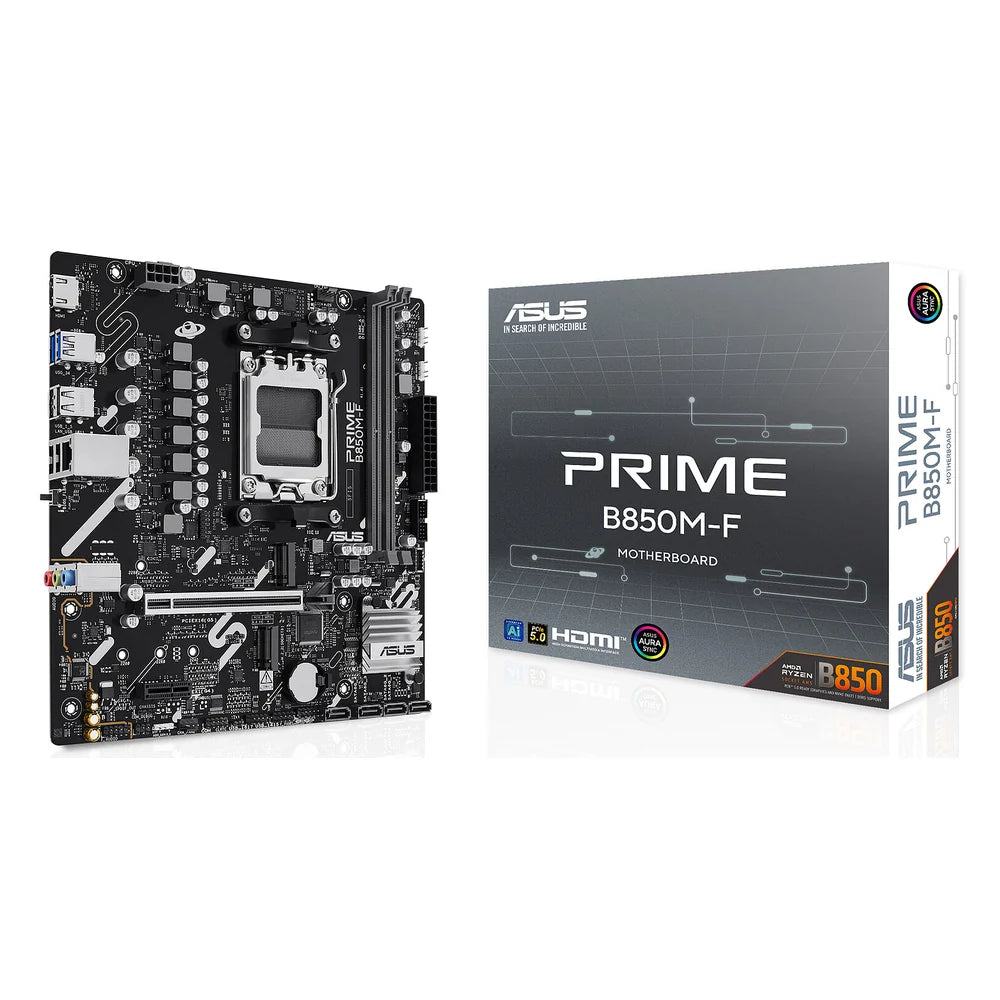 ASUS Prime B850M-F Micro-ATX Motherboard, AM5 Socket, AMD B850 Chipset, DDR5, PCIe 5.0, 2 M.2 Slots, Realtek 1GbE Ethernet, 1 Year Warranty