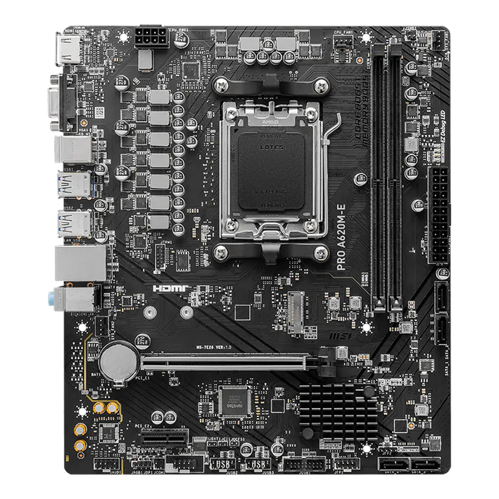 MSI PRO A620M-E Micro-ATX AM5 Motherboard, AMD A620 Chipset, Socket AM5, Supports DDR5, Black, 1 Year Warranty
