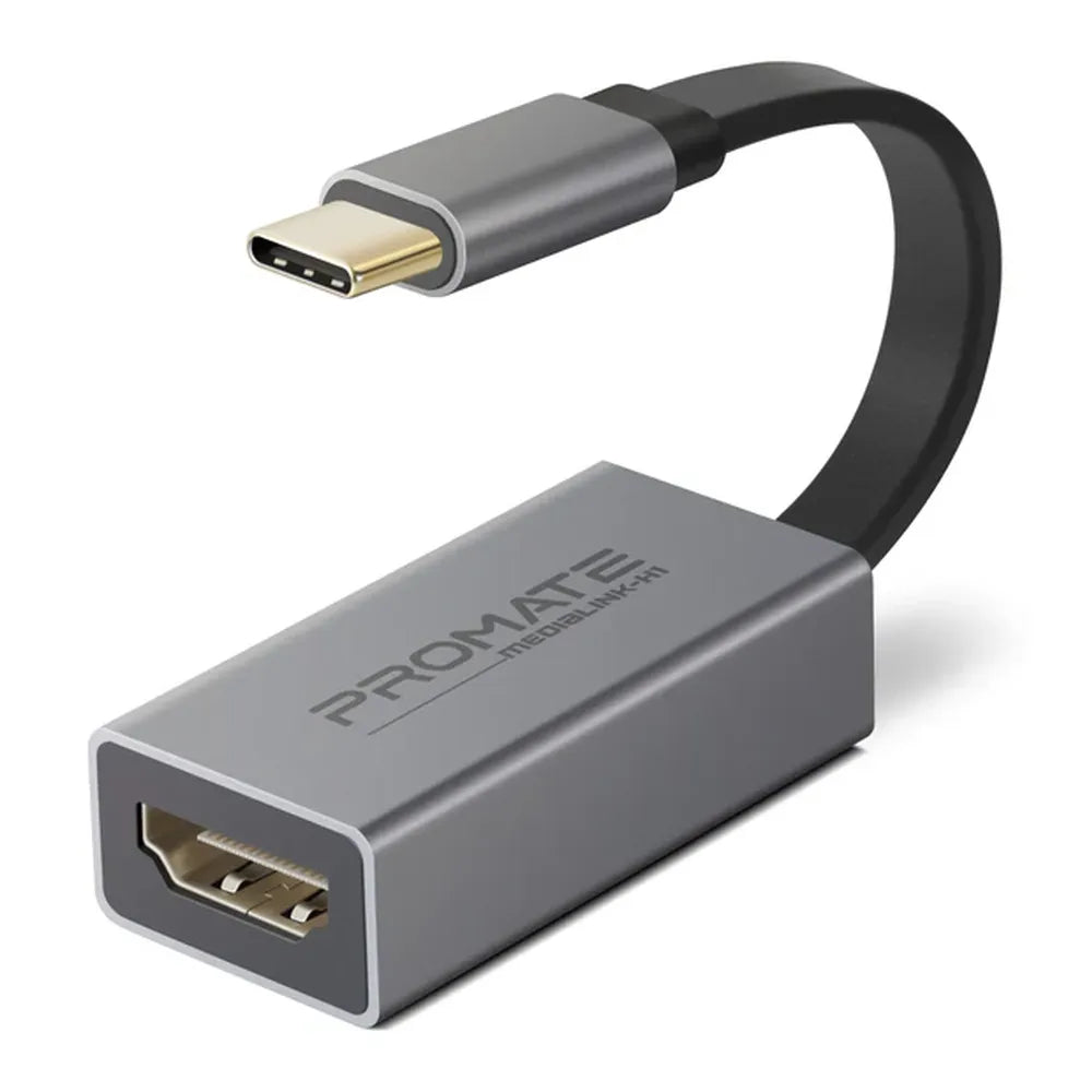 Promate MediaLink-H1 USB-C to HDMI Adapter, 4K@30Hz Max Resolution, 1080p@60Hz, Plug & Play, Reversible Connector, Grey, 1 Year Warranty