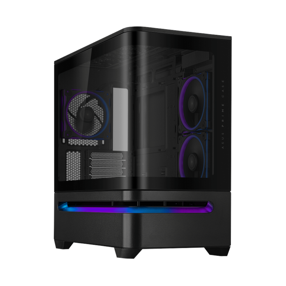 Asus Prime AP202 AR GB mATX PC Case, Curved Tempered Glass Panel, Innovative Slot Vent, Integrated AR GB light band, 1 x 120 mm AR GB Fan, 420mm GPU Support, USB 3.2 Gen 2, Black, 1 Year Warranty