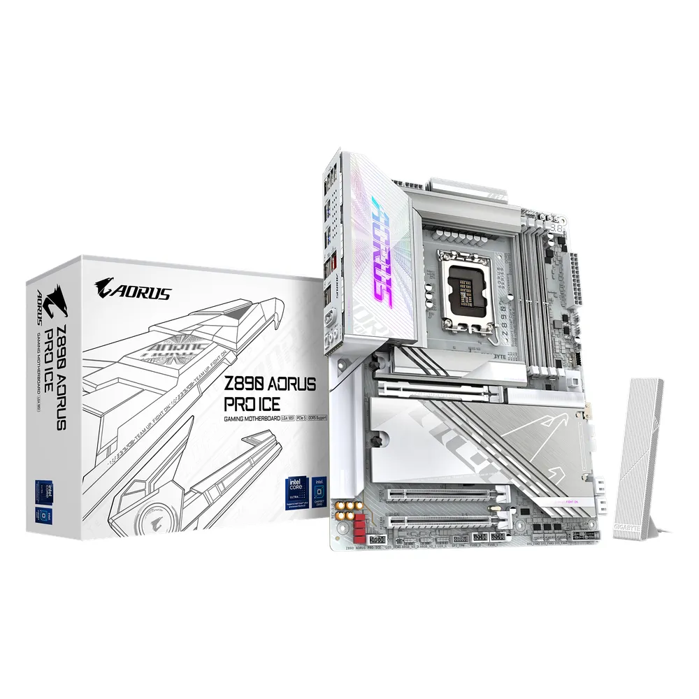 Gigabyte Z890 AORUS PRO ICE Motherboard, LGA1851 Socket, ATX Form Factor, DDR5 Ram, PCIe 5.0, Wi-Fi 7, Bluetooth v5.4, Dual Thunderbolt 4, Realtek 5Gb Ethernet, 1 Year Warranty