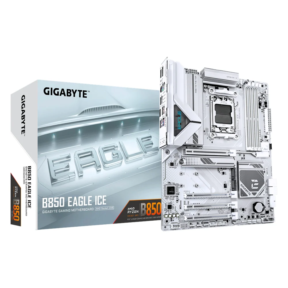 Gigabyte B850 Eagle Ice White Motherboard, AMD B850 Chipset, AM5 Socket, Supports Ryzen 7000/8000/9000 Series, DDR5, PCIe 5.0 x16 Slot, 2.5GbE LAN, 1 Year Warranty