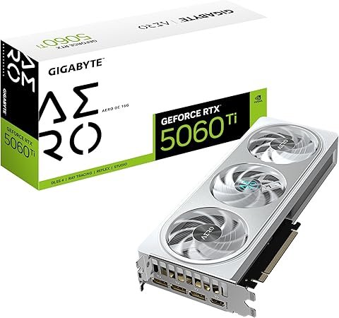 Gigabyte GeForce RTX 5060 Ti AERO OC Graphics Card, GDDR7 16GB 128-bit Memory, HDMI 2.1b & DP 2.1b Outputs, PCI Express 5.0, 2647 MHz Core Clock, 28 Gbps Memory Clock, Triple Windforce RGB Hawk Fans, Dual Bios, White, 1 Year Warranty
