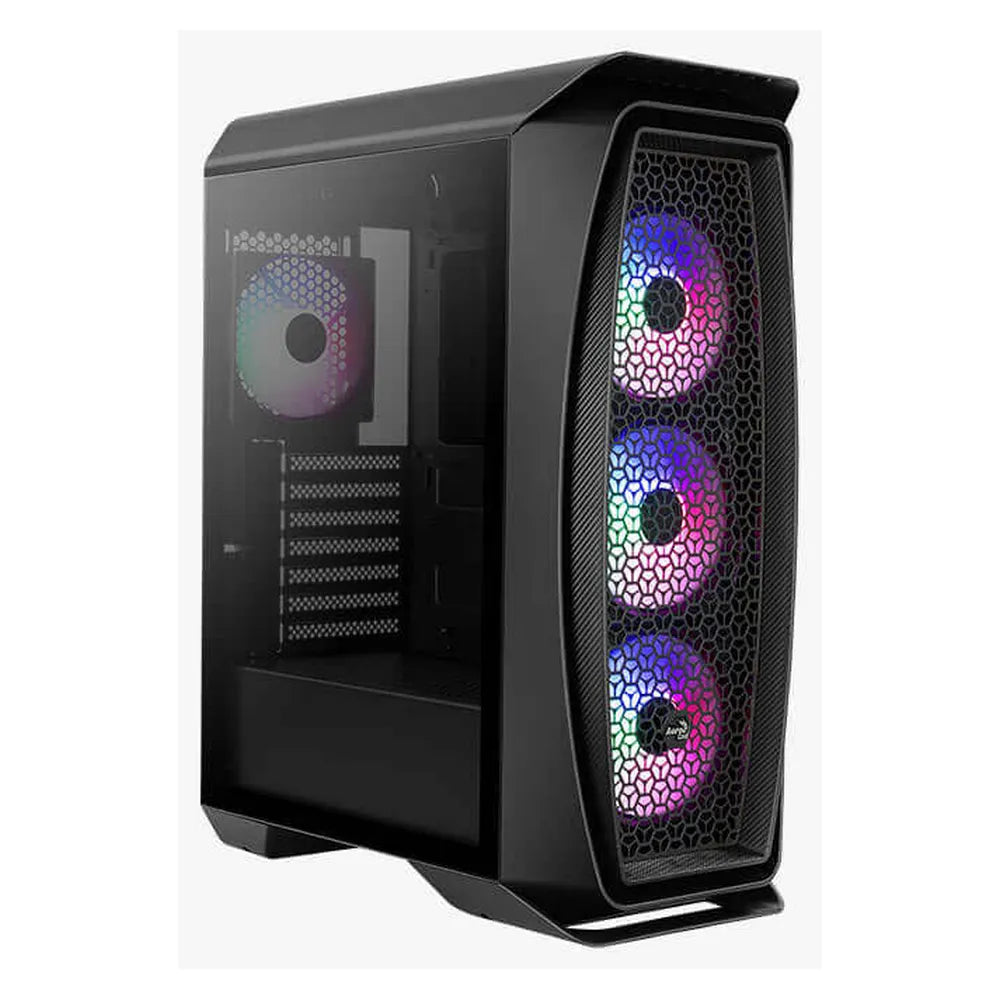 Aerocool Aero One Frost Mid Tower PC Casing, Tempered Glass Side Panel, 4 x Pre-installed 120mm Frost Fixed RGB Fans, High-Airflow Mesh Front, 327mm GPU Support, Black, 1 Year Warranty