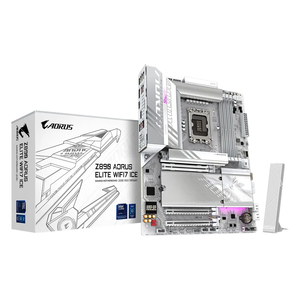 Gigabyte Z890 AORUS ELITE WIFI7 ICE Motherboard, LGA1851 Socket, ATX Form Factor, DDR5 Ram, PCIe 5.0, Wi-Fi 7, Bluetooth v5.4, HDMI, Thunderbolt 4, Realtek 2.5Gb Ethernet, 1 Year Warranty