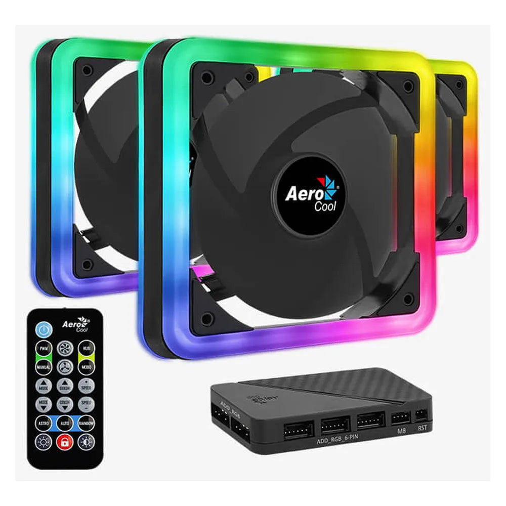 Aerocool Edge 14 Pro ARGB Case Fans with H66F Hub, Pack Of 3, 140mm Fan Size, 800 rpm Fan Speed, Dual Slim Ring LED Design, Black, 1 Year Warranty