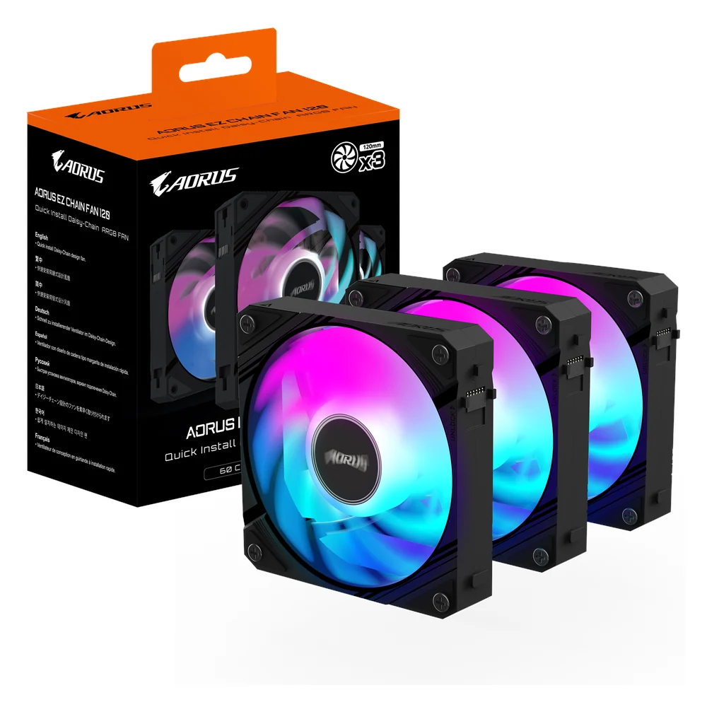 Gigabyte AORUS EZ Chain 120 ARGB PWM PC Case Fans, 3-Pack, 60 CFM Airflow, 2000 RPM, Black, 1 Year Warranty