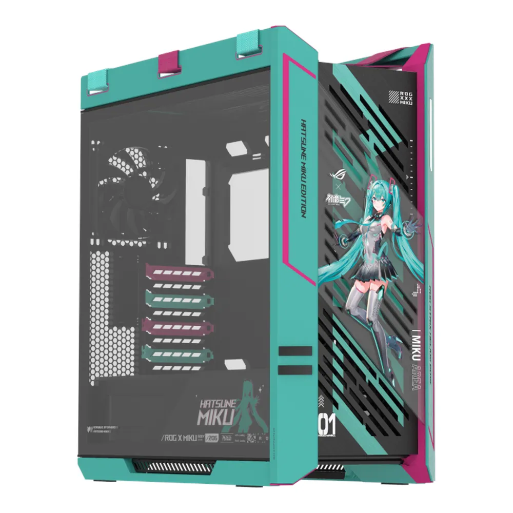 Asus ROG Strix Helios II Hatsune Miku Edition Tower PC Case, Removable Dust Filters, 4 x Pre-installed Fans, 190mm GPU Support, Advanced I/O panel, USB 3.2 Gen 2, Black/Hatsune Miku's Signature, 1 Year Warranty