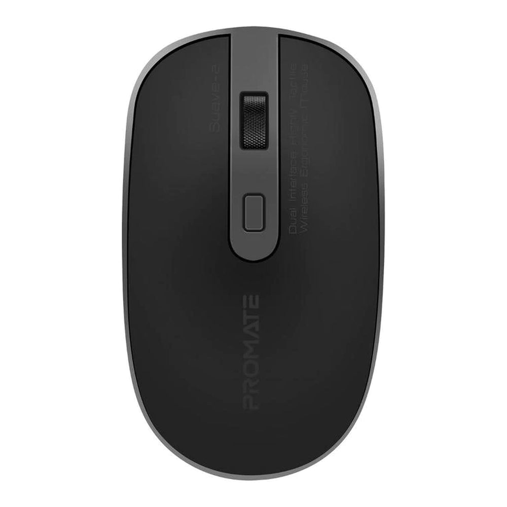 Promate Suave-2 Wireless Optical Mouse, 2.4 GHz Wireless Connectivity, 1600 DPI Resolution, Optical Sensor, Dual Interface Receiver (USB-A & USB-C), Slim Shape, Black, 1 Year Warranty