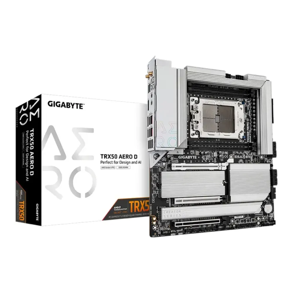 Gigabyte TRX50 AERO D Motherboard, AMD Socket sTR5, E-ATX Form Factor, DDR5 Ram, PCIe 5.0, Wi-Fi 7, Bluetooth v5.4, Dual LAN (10GbE + 2.5GbE), Dual USB4 Type-C, 1 Year Warranty