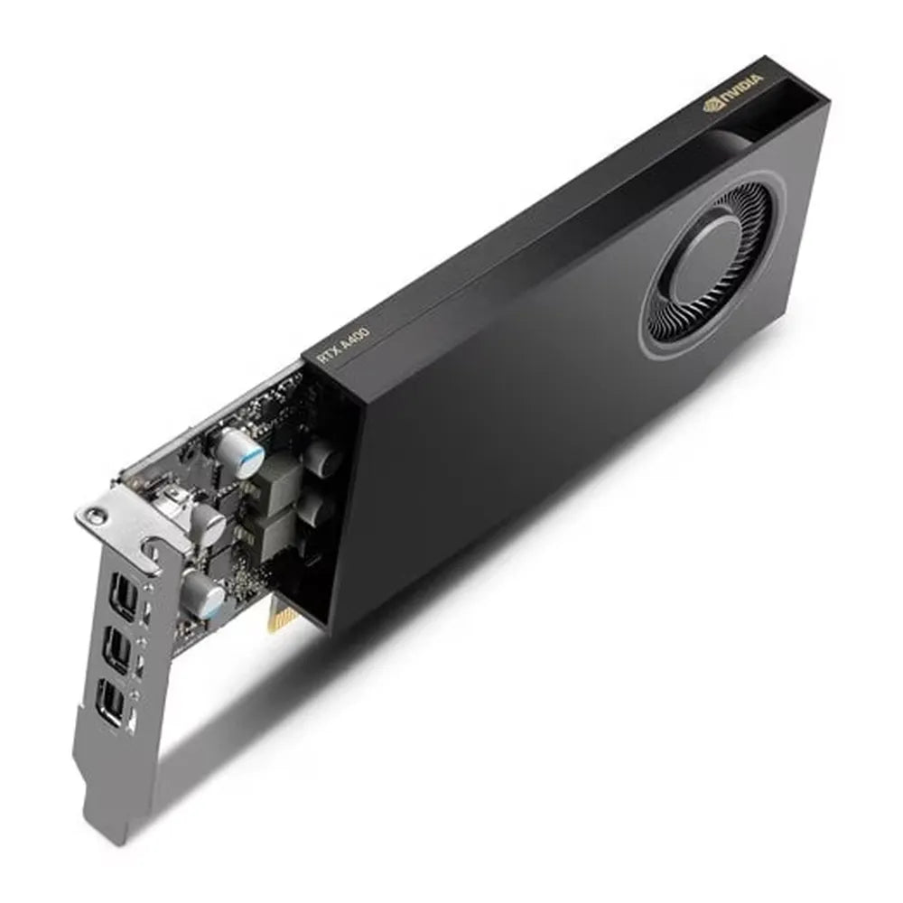 HP NVIDIA RTX A400 Graphics Card with Mini Bracket, 768 CUDA Cores, GDDR6 4GB 64-bit Memory, 4x Mini DisplayPort Outputs, PCI Express 4.0, 96 GB/s Memory Bandwidth, Single Slot Low-Profile Design, 1 Year Warranty