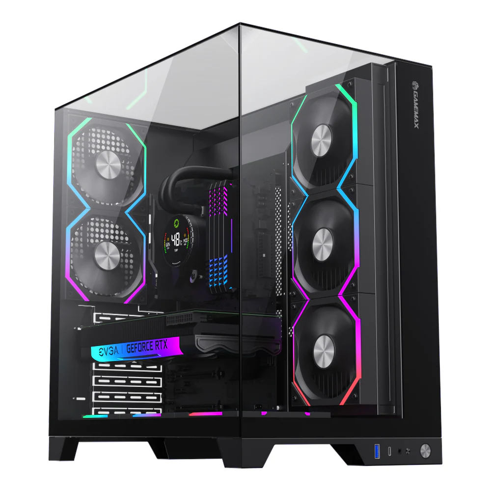 GameMax Infinity Pro ATX Mid Tower PC Casing, Tempered Glass Side & Front Panels, 5 x Pre-installed Fans, Built-in RGB Controller with Remote, 400mm GPU Support, USB Type-C, Black, 1 Year Warranty